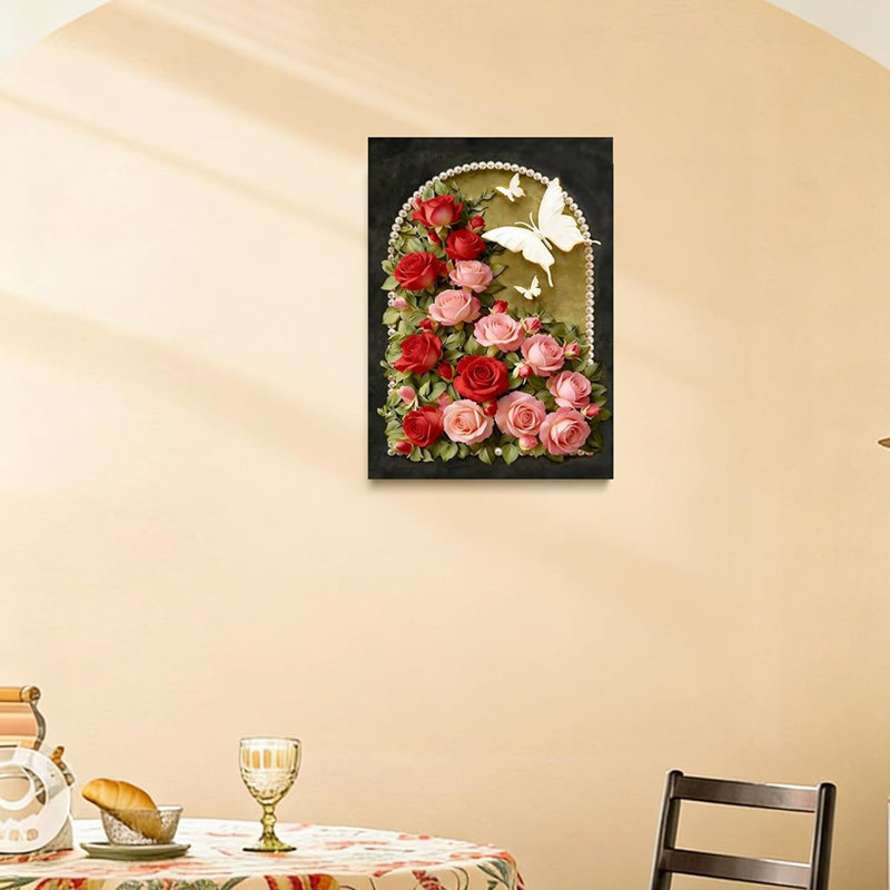 Red Roses Floral Wall Art With Butterflies & Pearl Arch Frame Painting Gorgeous Flower Poster Romantic Room Wall Decor Picture Women Lovers' Bedroom Bathroom Photoes