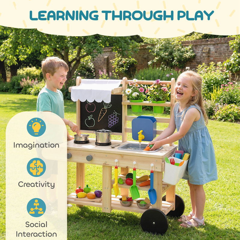 AIYAPLAY Mud Kitchen for Kids Outdoor, Removable Sink, Stove, Natural Wood