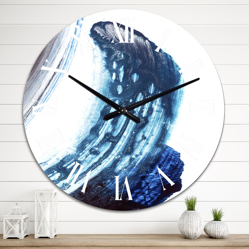 Bleu et rayures noires brossées - horloge murale moderne, Surdimensionné