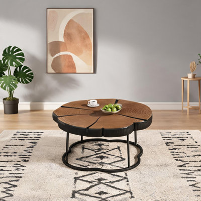 Table basse 27 irrégulière en grain de bois naturel avec base en métal noir de jais, simple