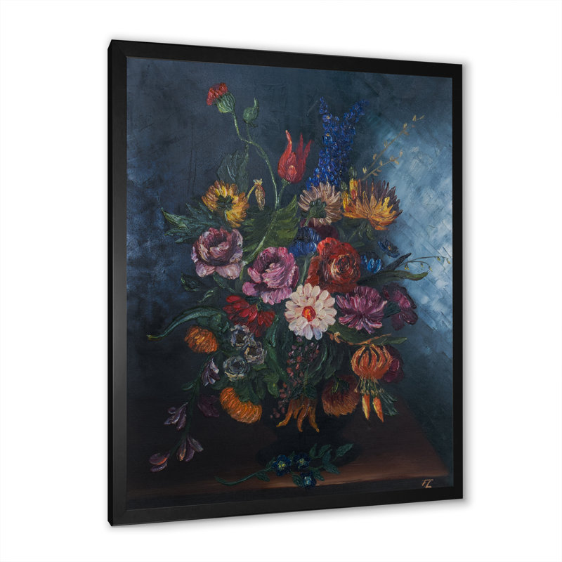 Bouquet de fleurs printanières en fleurs, Impression noire sur toile encadrée, H 20 po x l 12 po x P 1 po