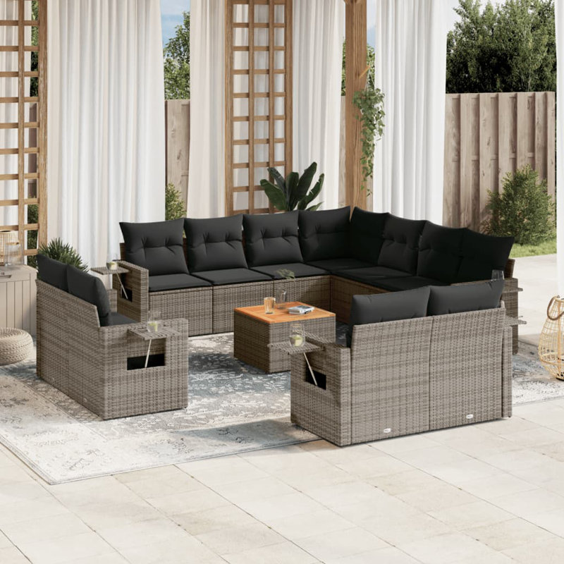  Ensemble de canapé de jardin en rotin PE gris 12 pièces pliable, Coussin gris foncé / structure grise