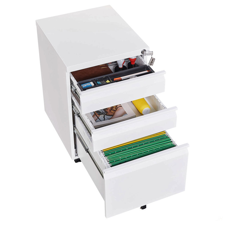 3-Drawer Mobile File Cabinet with Lock, 5 Wheels (2 Brakes + Anti-Tip),Cold Rolled Steel Fully Assembled Metal Filing Cabinet with Pen Tray & Hanging Bar for Home Office, Fits Letter/Legal/A4 Files
