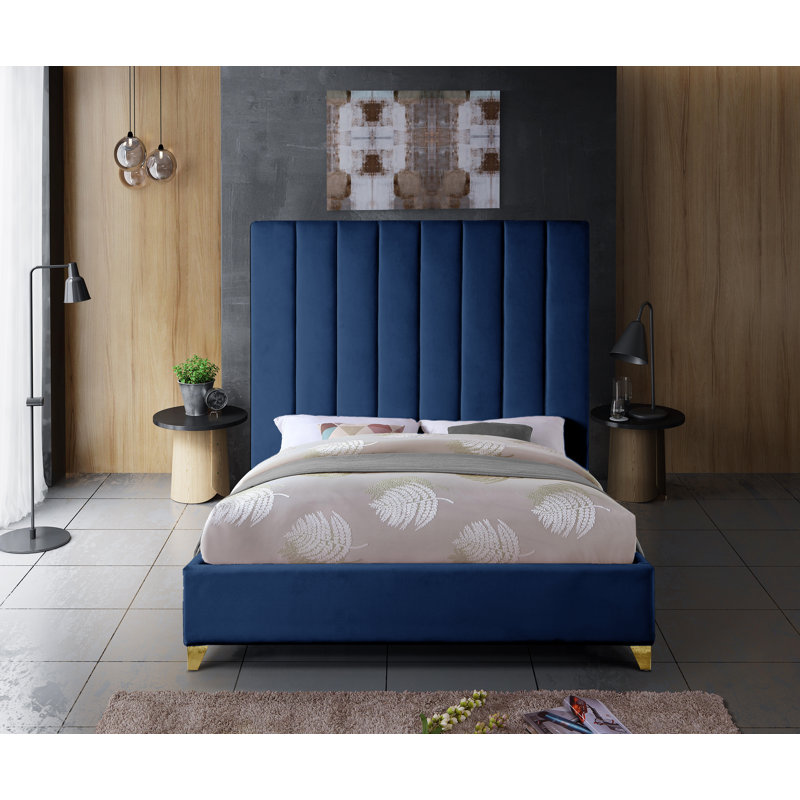 Lit plateforme tapissier Sibert, Double, Velours marine