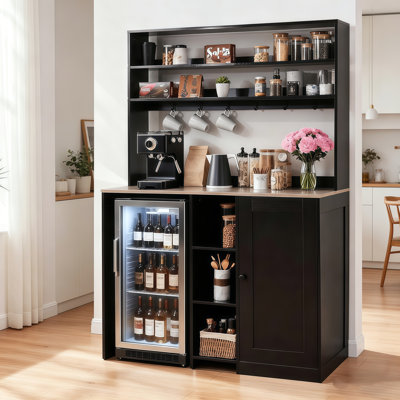 Compact Coffee Bar Cabinet with Microwave Stand & Built-in Power Outlets, Featuring Mini Fridge Space and Wine Racks for Small Kitchens or Dining Rooms, Black