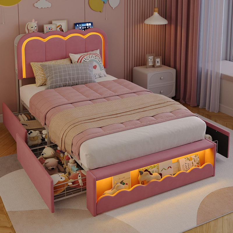 Twin LED Bed Frame With Storage Headboard And 4 Drawers, Pink