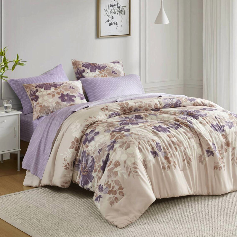 Lit double dans un sac floral taupe avec édredon et draps, 2 taies décoratives, 1 drap plat, taies d'oreiller ajustées, microfibre imprimée, motif assorti, preuve, diamant brossé