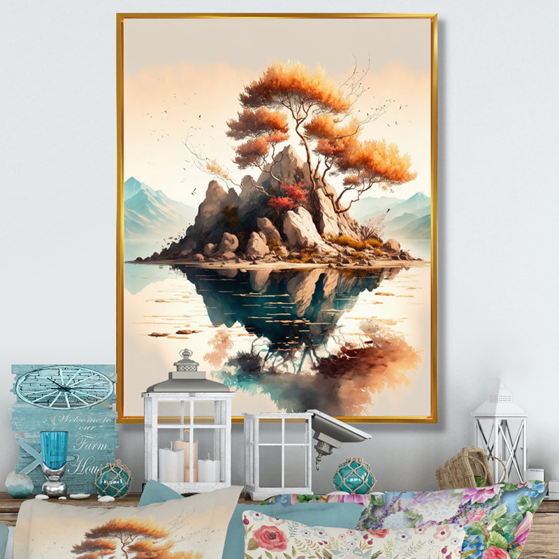 «Bright Bonsai Tree On Rock II», art mural moderne sur toile, L 30 po x H 40 po, Cadre flottant doré