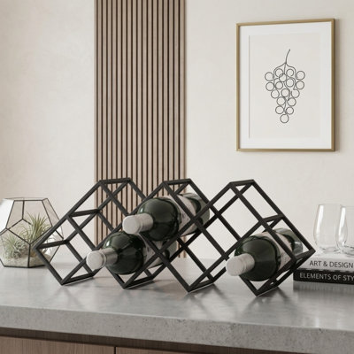 Modern Industrial Tabletop Wine Rack, Iron Frame 7‑Bottle Storage Holder with Diamond‑Shaped Slots for Countertop Display