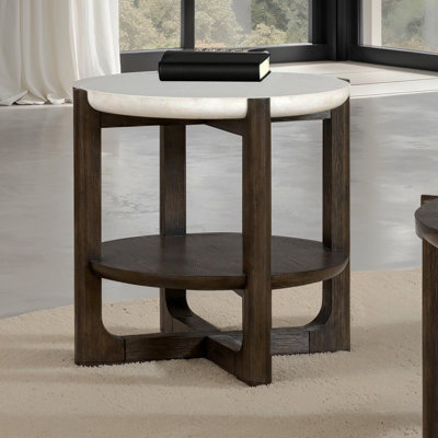 Table de bout de style transitionnel 1 pièce Table de bout en quartz avec base en tréteaux et finition noyer foncé