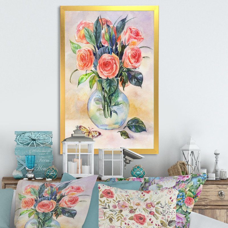 Bouquet rétro de roses roses - peinture sur toile, H 12 po x l 8 po x P 1 po, Cadre doré