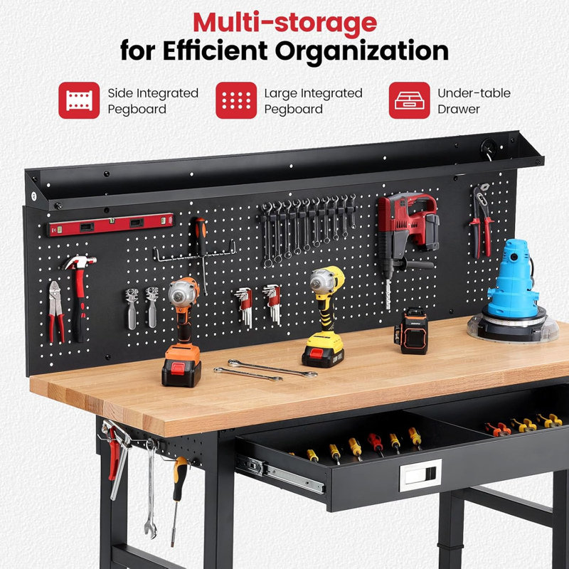 Workbenches for Garage Work Bench with Wheels 60 Inch Adjustable Rubber Wood Top Garage Workbench with Drawers, Pegboard, Power Outlets