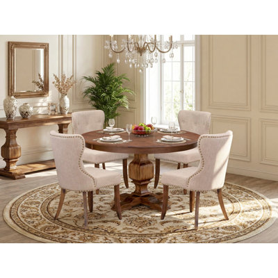 5-Pc Modern Dining Set Includes a Pedestal Dining Table and 4 Light Tan Linen Fabric Chairs with Button Tufted- Antique Walnut