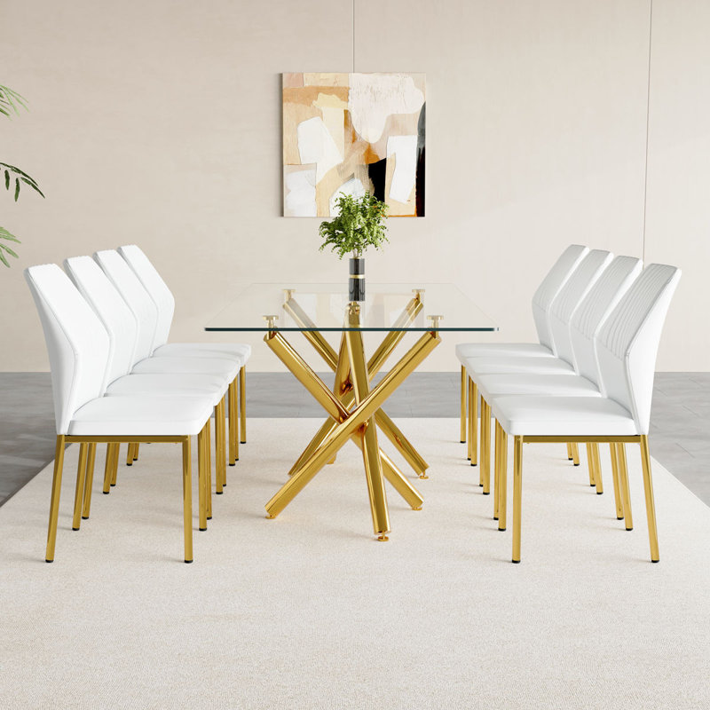 Ensemble de table de salle à manger 71 ", ensemble de table de salle à manger avec plateau en verre trempé et base en métal doré et chaises en similicuir