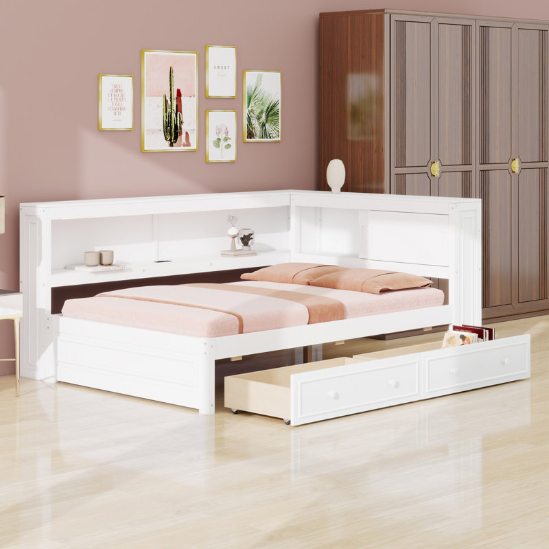 Multifunctional Daybed with Shelves, and Two Drawers, White