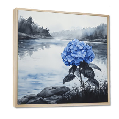 Hortensias au bord de la rivière en monochrome III - Hydrangées, art mural encadré
