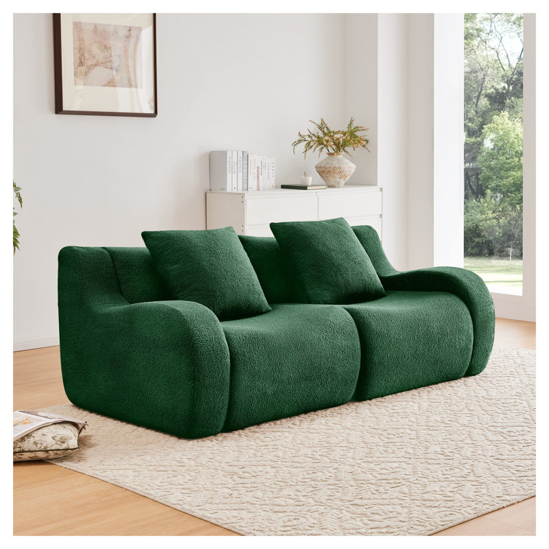 2-Seat Emerald Green Teddy Fabric Loveseat Sofa, No Assembly Required Curved Arm Living Room Couch, Emerald