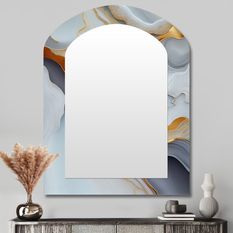 White And Gold Marble Abstract IV - Marble Arch Wall Mirror, White Asymmetrical Decorative Mirror, Printed Metal Art