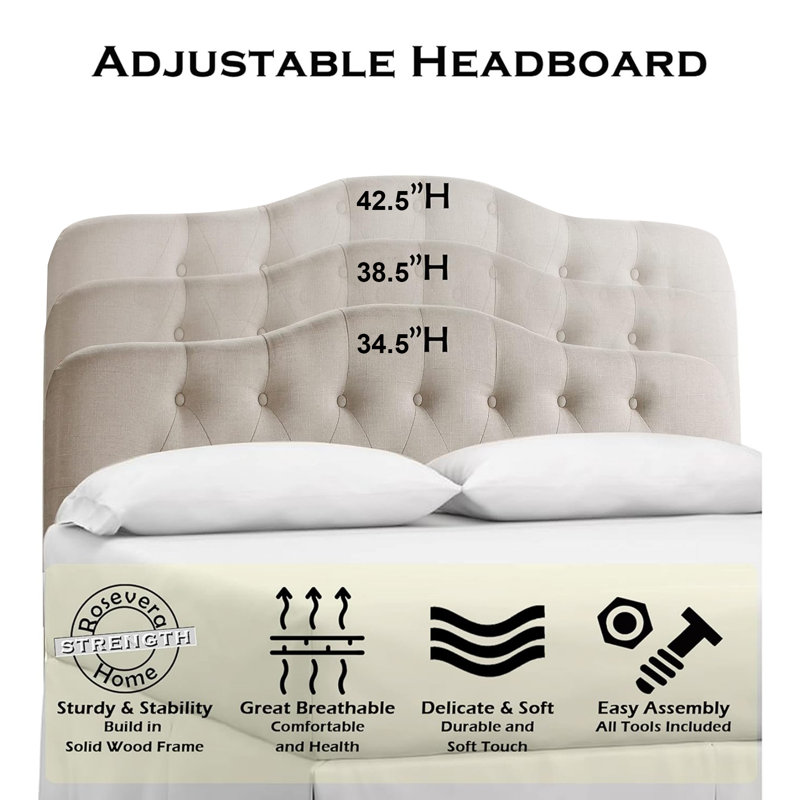 Linen Upholstered Headboard-Modern-Adjustable Height-Button Tufting, Beige, Queen