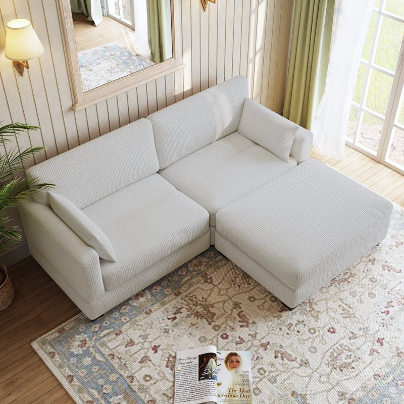 Maelina 3 - Piece Upholstered Beige Corduroy Modular Sectional Sofa with Pillow Back and Removable Ottoman, Beige Corduroy