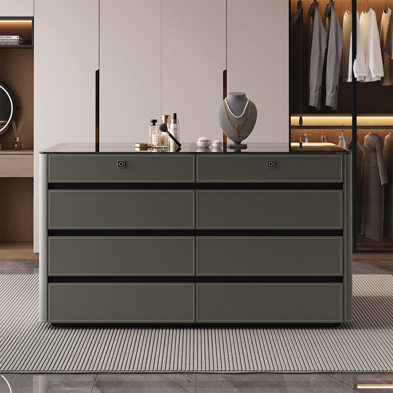 Comptoir rectangulaire en verre trempé transparent de 62,99 po, surface d'armoire en cuir gris, armoire de rangement pour bijoux