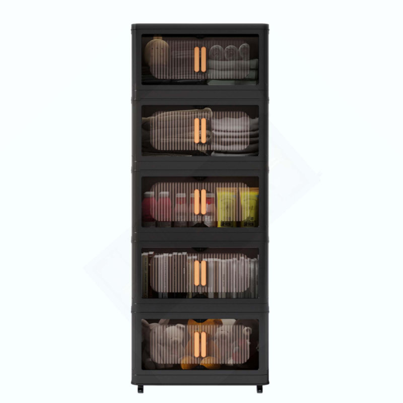 Folding Storage Cabinet ,5 Tiers,Collapsible Storage Bins With Magnetic Door, Plastic Storage Cabinet With Wheels