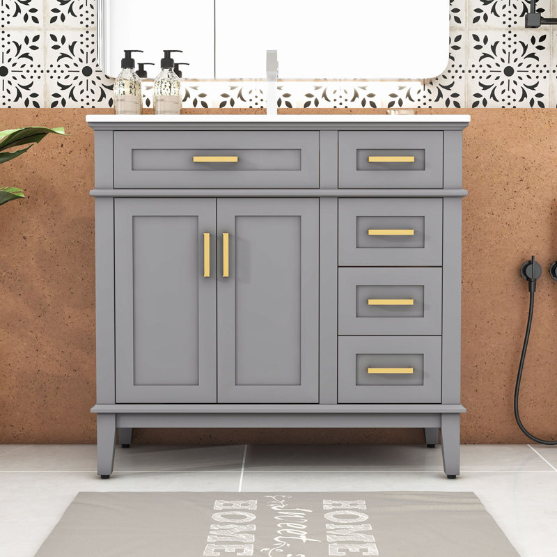 36-inch Bathroom Vanity with Ceramic Sink, Two Soft Close Doors and Four Drawers