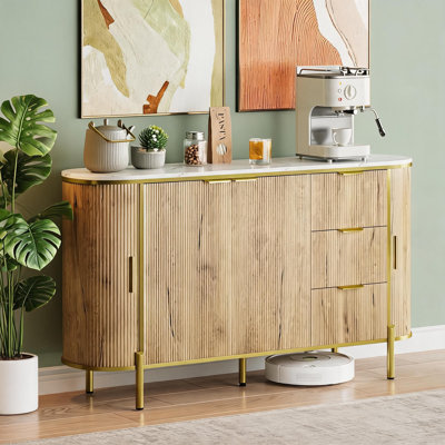 Fluted Sideboard Buffet Cabinet with Faux Marble Top, 58.9'' Storage Cabinet with Curved Profile Sliding Doors, 3 Drawers and Adjustable Shelves, Coffee Bar Buffet Cabinet for Living Room- Natural Oak