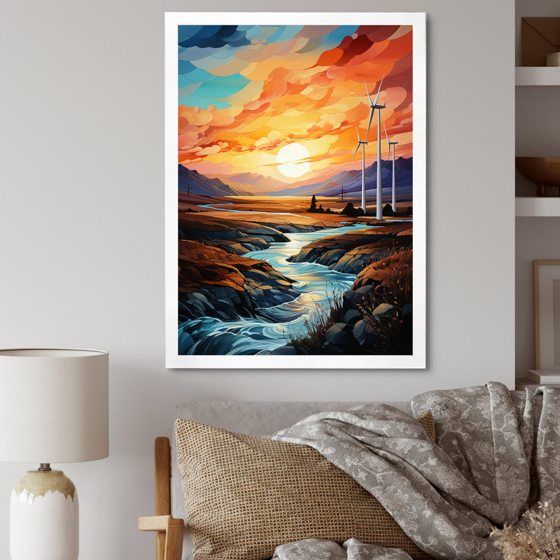 Wind Turbines Sunrise Valley I sur toile, Cadre simple blanc, H 40 po x l 30 po x P 1,5 po