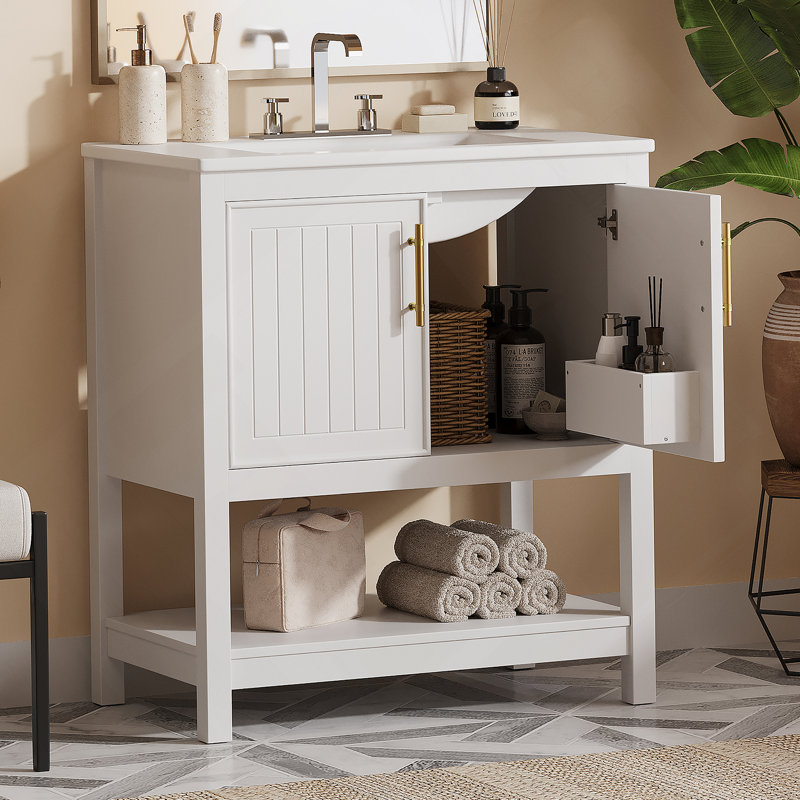 Meuble-lavabo de salle de bain avec lavabo en céramique et rangement polyvalent, Blanc