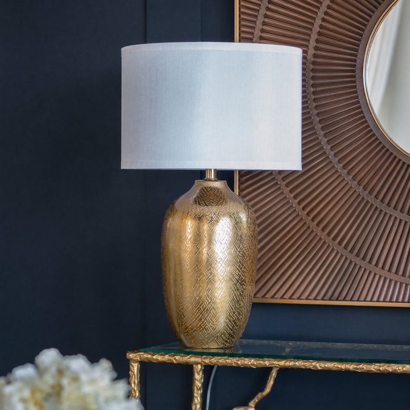 25.7" Round Aluminum Table Lamp – Artistic Gold Finish + White Fabric Drum Shade, 25.7" H x 15" W x 15" D