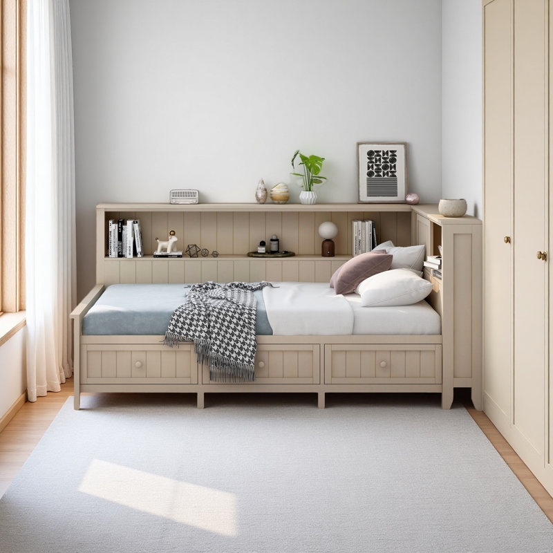 Lit de jour en bois avec tablettes de rangement, USB, DEL et lit gigogne, Lit simple, Lait blanc antique
