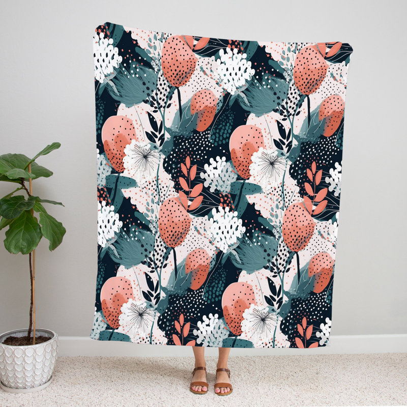 Throw Blanket, 68" W x 80" L, Floral/Polka Dot, Orange/Blue/White