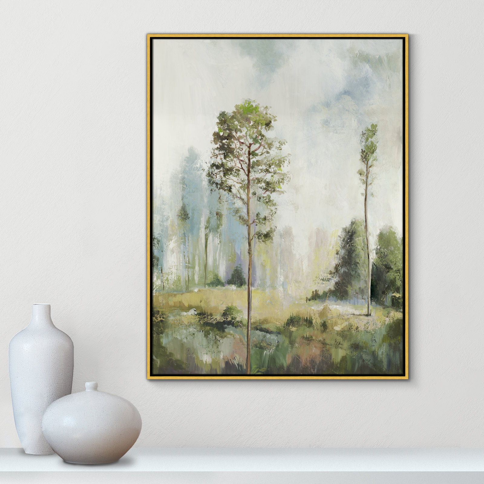 Tall Green Trees I by Teton Pearce - Floater Frame Print on Canvas, 41.5" H x 31.5" W, Gold