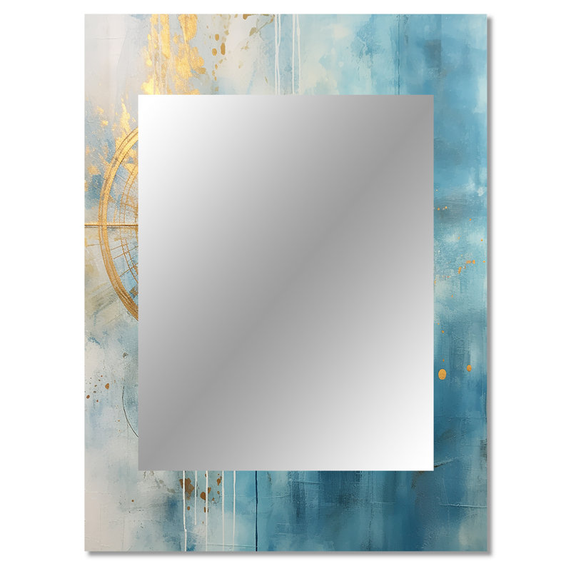 Bleu sarcelle, sensibilité circulaire, aquarelle dorée I - miroir décoratif de peinture abstraite, grand miroir mural moderne, impression sur métal