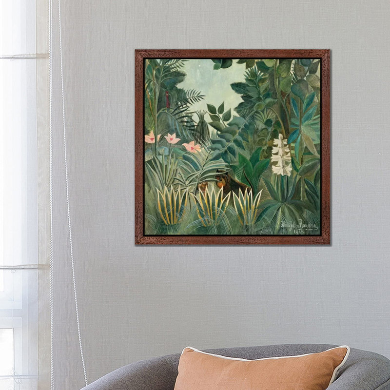 The Equatorial Jungle, 1909 by Henri Rousseau - Floater Frame Painting on Canvas, 93.98 cm H x 93.98 cm W, Brown Framed