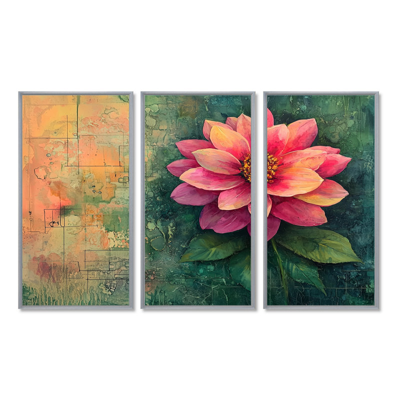 Vintage Dalia Spring Symphony I - art mural Dahlia - ensemble de 3, H 28 po x l 36 po, Impression encadrée sans passe-partout