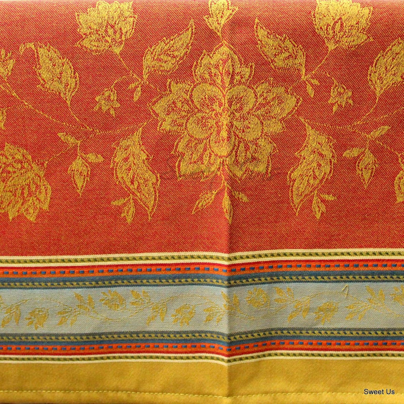 Wipeable Stain Resistant Polytetrafluoroethylene Coated French Provencal Jacquard Cotton Floral Tablecloth, Blue/Yellow