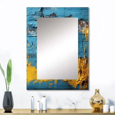 Echos d'Ukraine rétro bleu et jaune - miroir décoratif transitionnel, miroir mural bleu, impression d'art en métal
