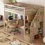 Lit mezzanine en bois avec bureau intégré, DEL, tablettes de rangement, armoires et escalier-619621326