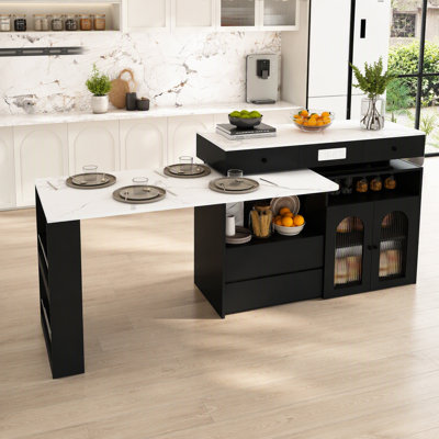 Kitchen Island With Extendable & Rotating Table, Mdf With Marble Veneer Retro Design, 4 Drawers & Glass Door Cabinets With Built-In Socket, Expandable Dining Station For 2-4 Person
