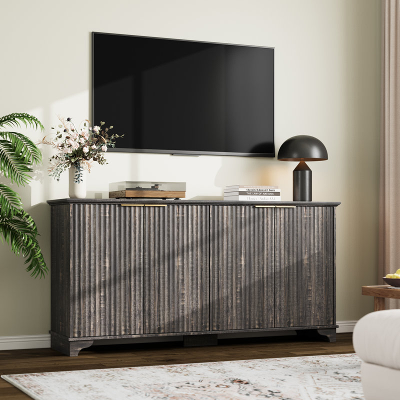 Buffet 61 "avec 4 portes cannelées et rangement, Chêne foncé