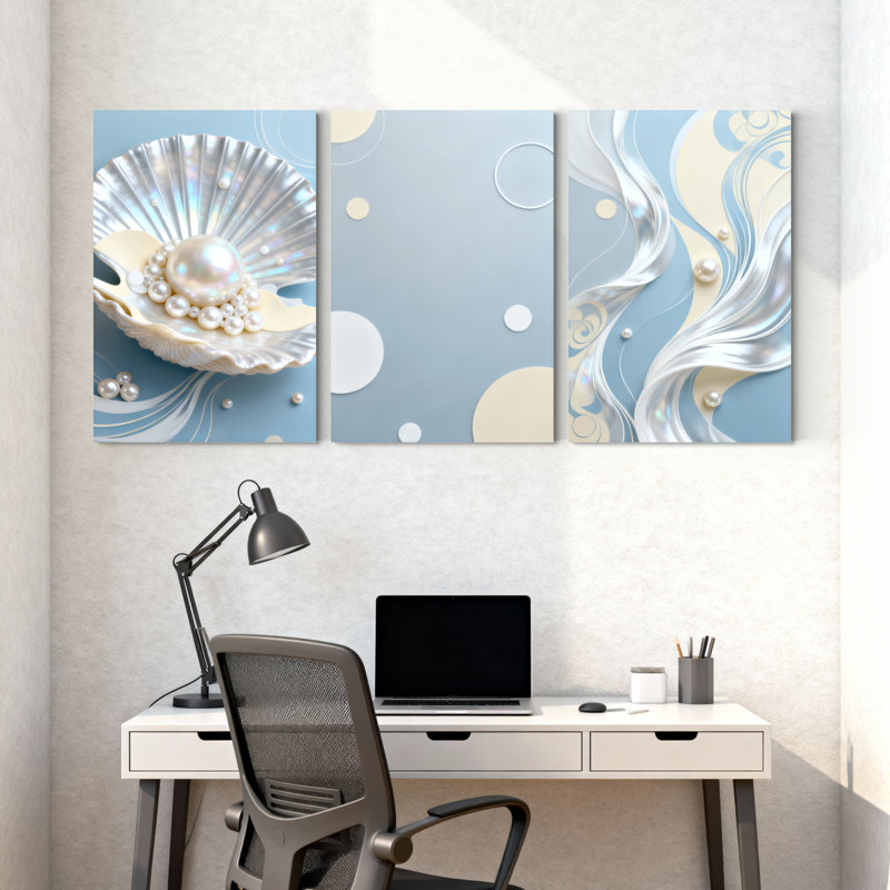 Abstrait perle coquille de vagues cercles abstraits, ensemble de 3 impressions sur toile, H 18 po x l 36 po