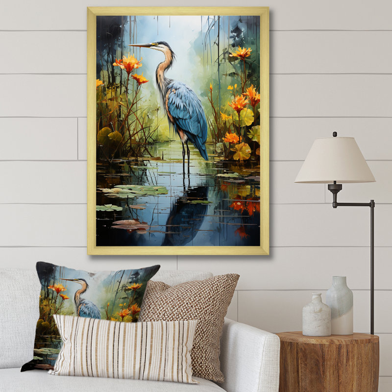 Décoration murale Lason Heron Silent Waters Pointillism I - Heron, H 40 po x l 30 po x P 1,5 po, Cadre doré simple