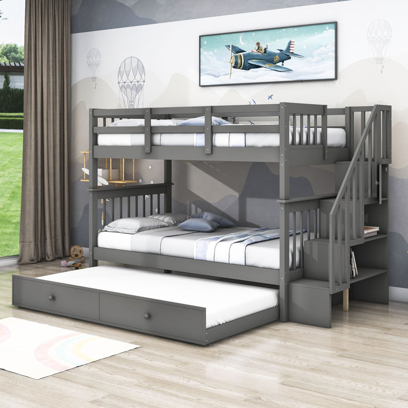 Disdier Kids Twin Over Twin Bunk Bed with Trundle, Gray