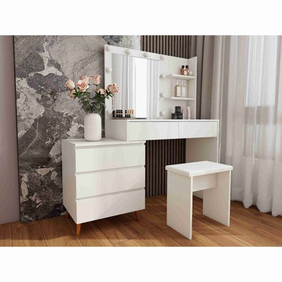 LED Lighted Makeup Vanity Table With Mirror - White Beauty Station With Storage Drawers, Matching Stool, And Organizing Compartments For Makeup Brushes And Cosmetics