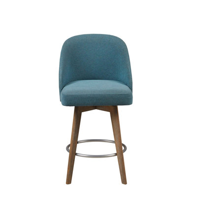 Tabouret pivotant, pieds en bois massif, finition grise récupérée, siège d'une hauteur de 25,75 po, tabouret de comptoir bleu à haut dossier et repose-pieds en métal