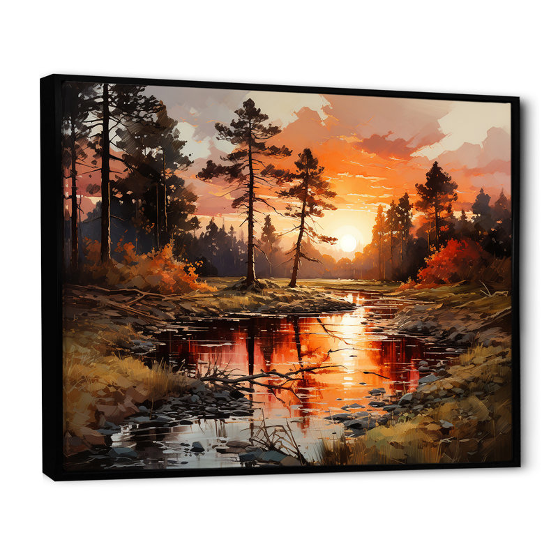 «River Bien Forest Sunrise I», reproduction sur toile, Cadre flottant noir, H 34 po x l 44 po x P 1,5 po