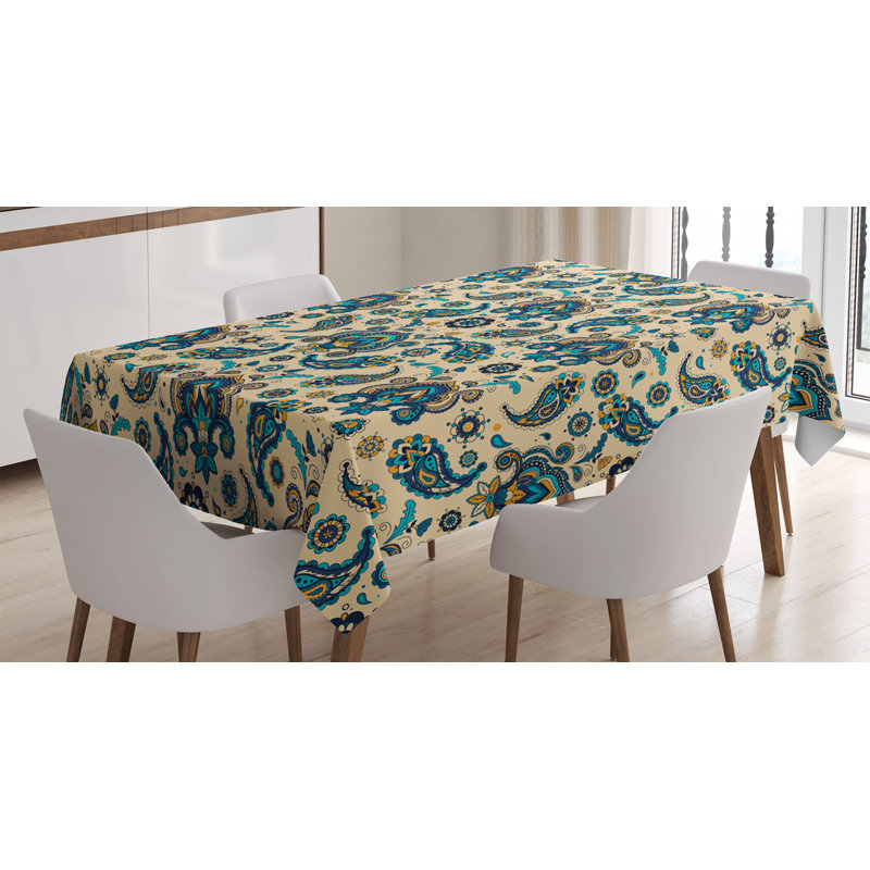 Paisley Tablecloth, Colorful Vintage Floral Design Pattern With Oriental Paisley Retro Design, Rectangular Table Cover For Dining Room Kitchen Decor, 52" X 70", Yellow Blue Cream