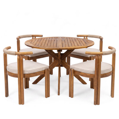 Cagnie Scandinavian Minimalist Acacia Wood Outdoor Dining Set With Armless Cushioned Chairs And Round Slat Table